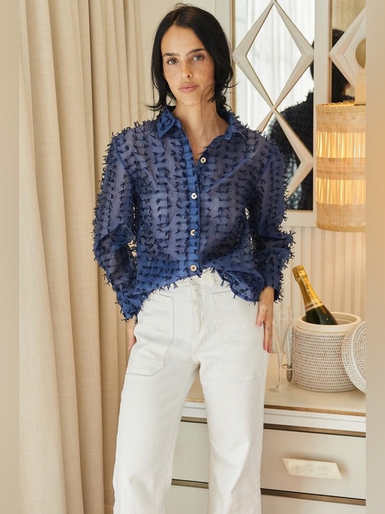 Buru Tops - BURU Mel Button Down Shirt Navy Blue Sheer Size Medium